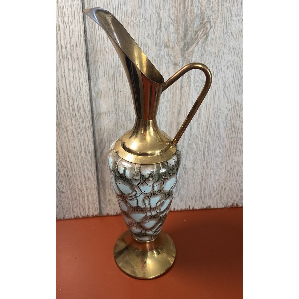 Vintage Delft Holland Tarnished Antique Brass Marble Pitcher Jug Ewer Blue Green